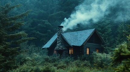 Poster - A woodland cabin with smoke curling from the chimney.