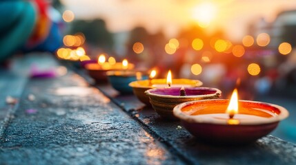 Poster - rows of colorful diyas glowing on the steps of a temple, warm and inviting