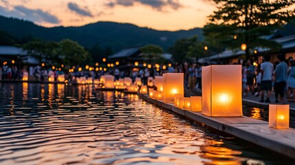 Aufkleber - floating lanterns drifting over a river, peaceful and magical festival of lights scene