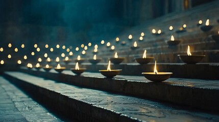 Poster - close-up of oil lamps glowing on a temple step, warm and sacred festival of lights
