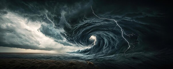 Poster - Dramatic swirling wave with lightning and stormy clouds, ocean background.