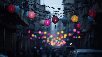 Poster - vibrant street filled with glowing lights and lanterns, festive and colorful celebration