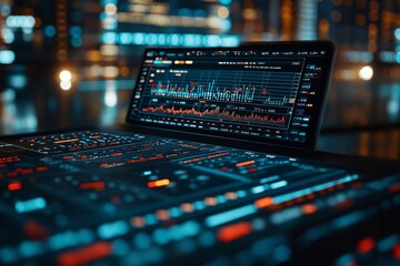 Stock Market Analysis: A finance analyst examining trading graphs, economic growth charts, and financial reports, focusing on business, finance, investment planning