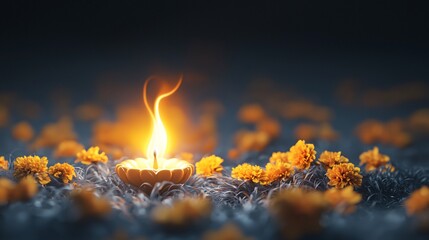 Poster - close-up of diya flames glowing in the night, surrounded by marigold flowers