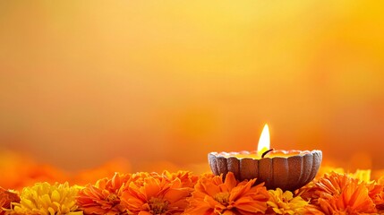 Poster - close-up of diya flames glowing in the night, surrounded by marigold flowers