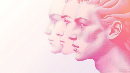 Poster - Three profile portraits of people with pink and white tones on a white background.