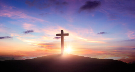 Wall Mural - cross of jesus christ on the hill with beautiful sky and cloud background