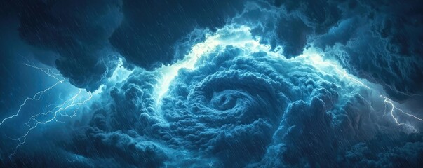 Poster - Dark swirling storm clouds with flashes of lightning in a dramatic sky.
