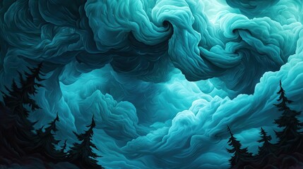 Poster - Dramatic swirling clouds in a rich teal hue over silhouetted trees.