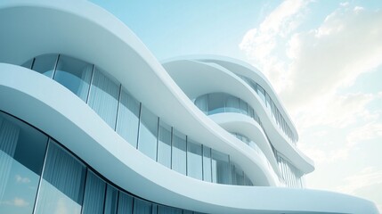 Poster - A large white building with a lot of windows and a curved design