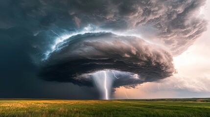 Poster - Dramatic storm cloud with lightning over a vast open field.
