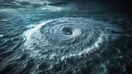 Poster - Powerful whirlpool swirling in dark ocean waters under stormy skies.