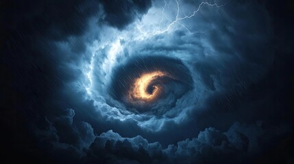 Poster - Swirling storm clouds with lightning and an eye of fire, dramatic natural phenomenon.