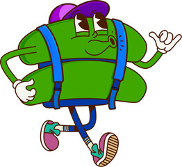 Poster - Cartoon math number equation symbol groovy character with schoolbag. Isolated cute and funny vector mathematics sign schoolboy personage donning a cap, cheerfully hurrying into classroom for education