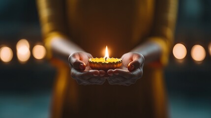 Poster - Close-up of hands holding a diya, lighting it during the Festival of Lights