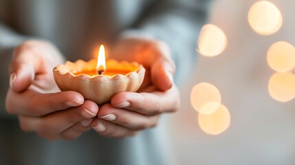 Poster - close-up of hands holding a diya, lighting it during the festival of lights