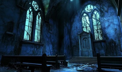 Sticker - Dark, abandoned church interior with benches.