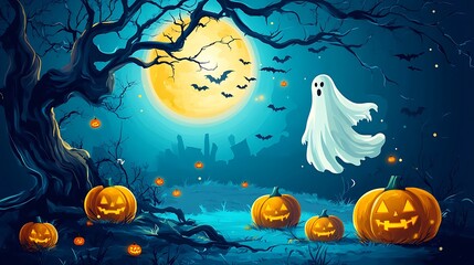 Wall Mural - a halloween scene in vintage folk art style, featuring a full moon, spooky jack-o'-lanterns, and a g