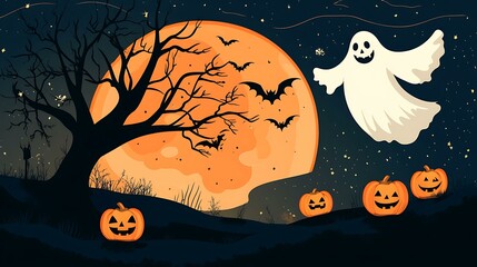 Wall Mural - a halloween scene in vintage folk art style, featuring a full moon, spooky jack-o'-lanterns, and a g
