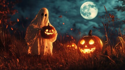 Wall Mural - a creepy vintage halloween scene with a ghost holding a pumpkin, glowing jack-o'-lanterns, and a ful