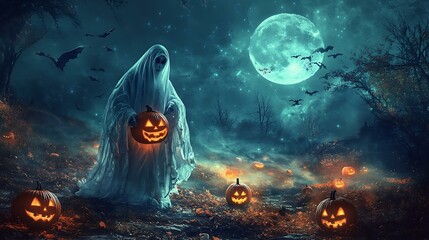 Wall Mural - a creepy vintage halloween scene with a ghost holding a pumpkin, glowing jack-o'-lanterns, and a ful
