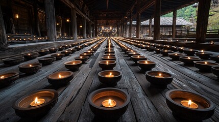 Poster - Temple entrance lined with glowing oil lamps, creating a sacred and peaceful glow