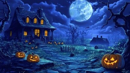 Wall Mural - a folk art halloween night scene with glowing jack-o'-lanterns, a haunted house, and a full moon ill
