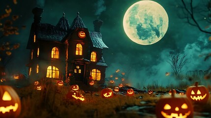 Wall Mural - a folk art halloween night scene with glowing jack-o'-lanterns, a haunted house, and a full moon ill