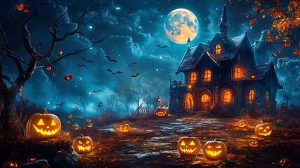 Wall Mural - a folk art halloween night scene with glowing jack-o'-lanterns, a haunted house, and a full moon ill