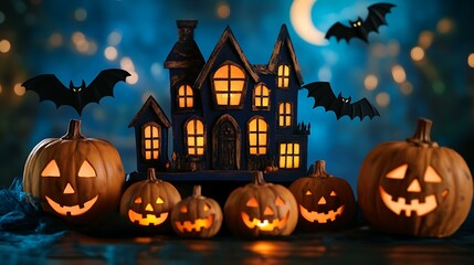 Poster - a folk art halloween night, showcasing glowing jack-o'-lanterns, a haunted house, and bats flying un