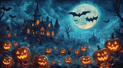 Poster - a folk art halloween night, showcasing glowing jack-o'-lanterns, a haunted house, and bats flying un