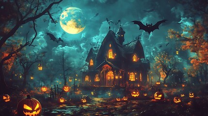 Poster - a folk art halloween night, showcasing glowing jack-o'-lanterns, a haunted house, and bats flying un
