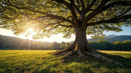 Poster - Majestic tree under sunlight with vibrant green leaves, serene natural landscape.