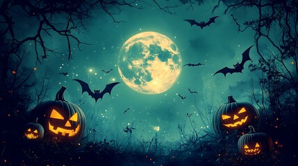 Wall Mural - a spooky halloween night scene in vintage folk art style, featuring glowing jack-o'-lanterns and bat