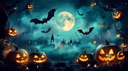 Wall Mural - a spooky halloween night scene in vintage folk art style, featuring glowing jack-o'-lanterns and bat