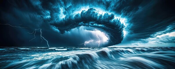 Poster - Dramatic ocean scene with swirling clouds and lightning, capturing nature's power.