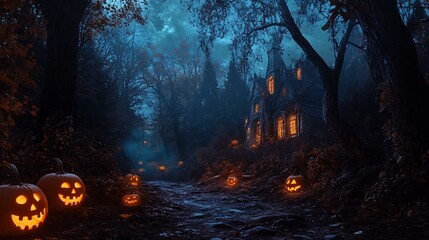 Poster - a spooky vintage halloween night with a dark, eerie forest, glowing pumpkins, and a haunted house in