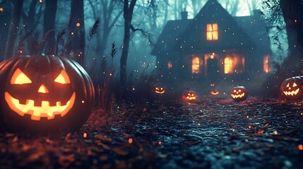 Poster - a spooky vintage halloween night with a dark, eerie forest, glowing pumpkins, and a haunted house in