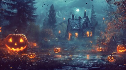 Poster - a spooky vintage halloween night with a dark, eerie forest, glowing pumpkins, and a haunted house in