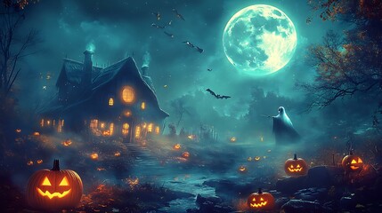 Wall Mural - a vintage halloween night scene with spooky haunted houses, glowing pumpkins, and a ghost under a fu