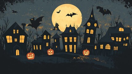 Wall Mural - a vintage halloween night scene with spooky haunted houses, glowing pumpkins, and a ghost under a fu