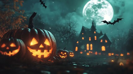 Wall Mural - a vintage halloween night, showcasing a haunted village with glowing jack-o'-lanterns and bats flyin