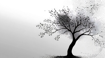 Poster - A black and white silhouette of a tree on a white background with a dotted pattern on the right side.
