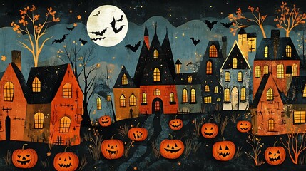 Wall Mural - a vintage folk art-style halloween night with haunted houses, grinning jack-o'-lanterns, and a full 