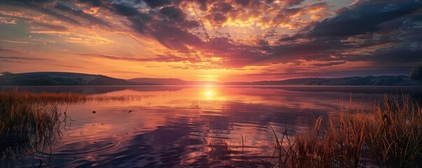 Wall Mural - Breathtaking sunset over a serene lake, 4K hyperrealistic photo