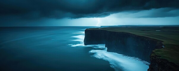 Poster - Stormy sea view with cliffs under dramatic dark clouds and lightning.