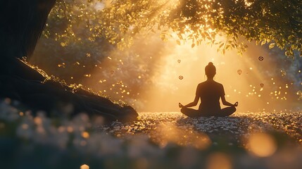 A calming outdoor setting with a person meditating at dawn, surrounded by nature and soft light, with mental health symbols in the background