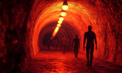 Poster - Silhouettes walk through a red-lit tunnel.