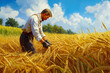 © stanhert - A man in a field of ripe wheat with a blue sky in the background