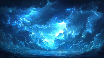 Poster - Dramatic blue storm clouds illuminated by electric flashes.